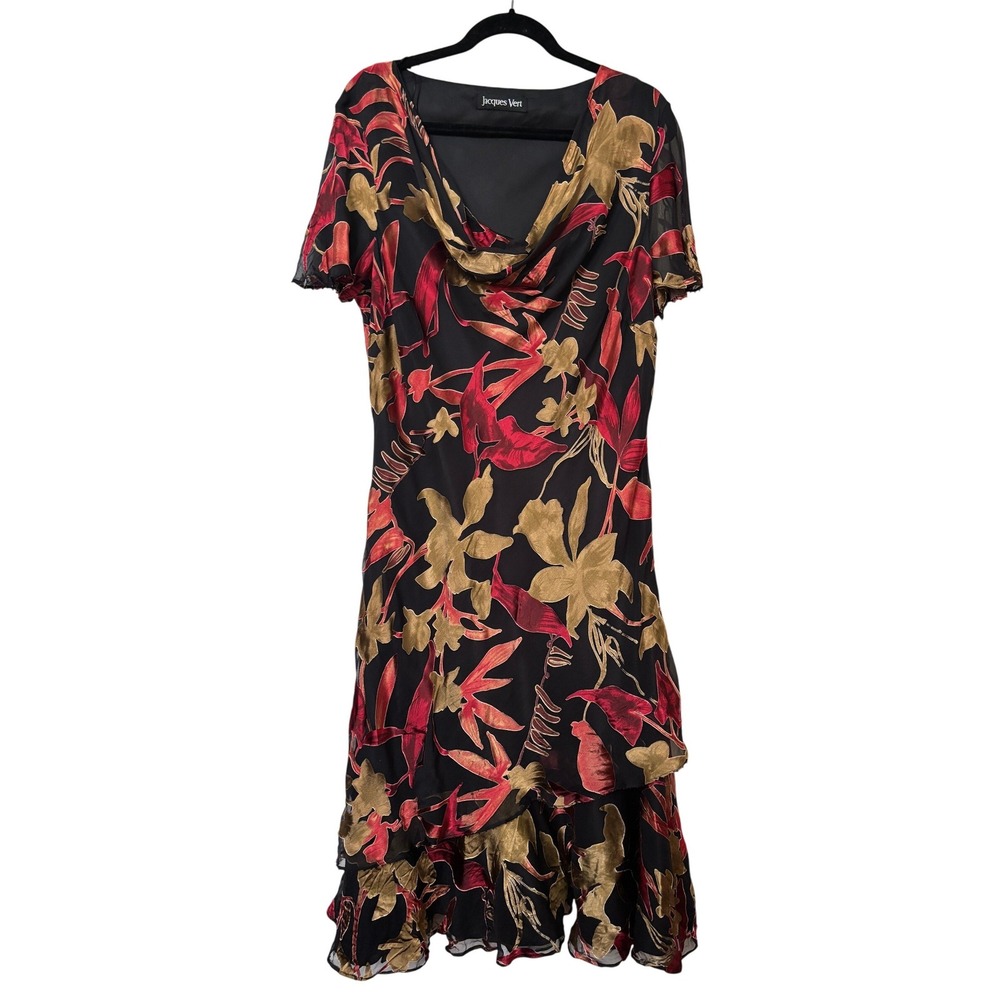 Jacques Vert Silk Blend Velvet Burnout Floral Midi Dress Red Gold Black